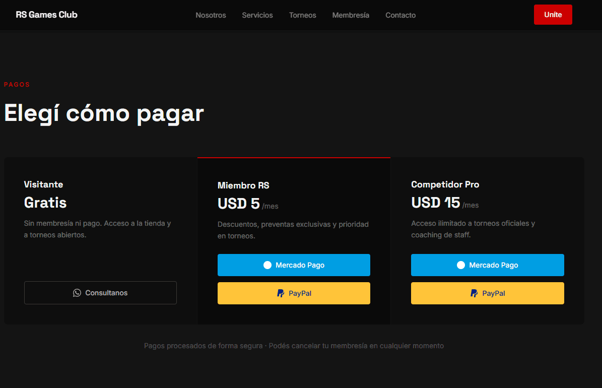 Sección de pagos de RS Games Club