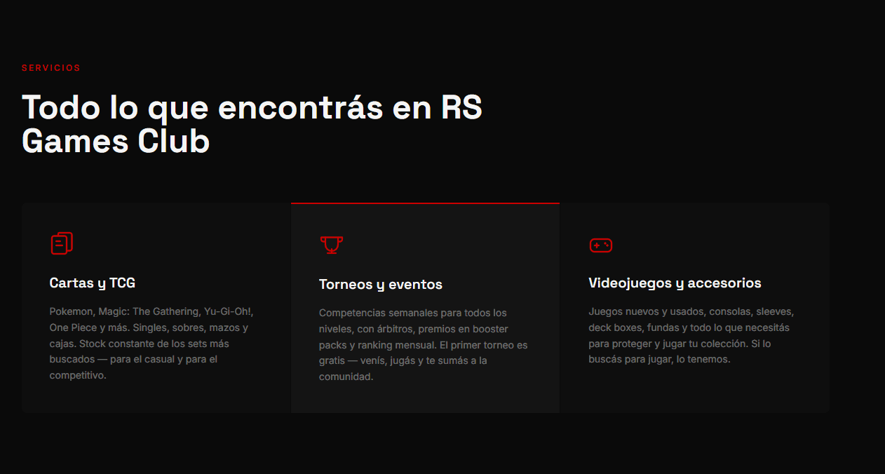 Sección de servicios de RS Games Club